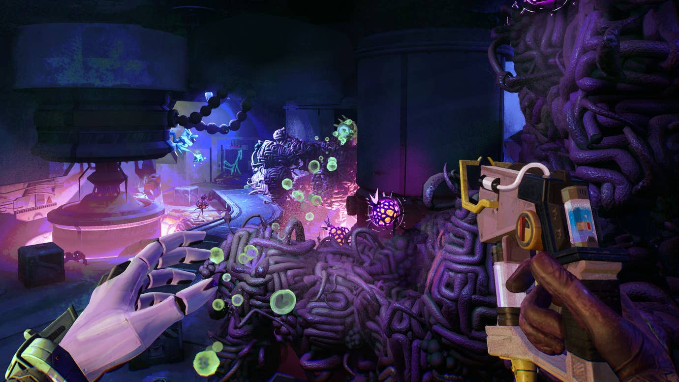 A player advancing on a heap of entangled mushroom filaments emitting green bubbles, from first-person sci-fi sim Ambrosia Sky